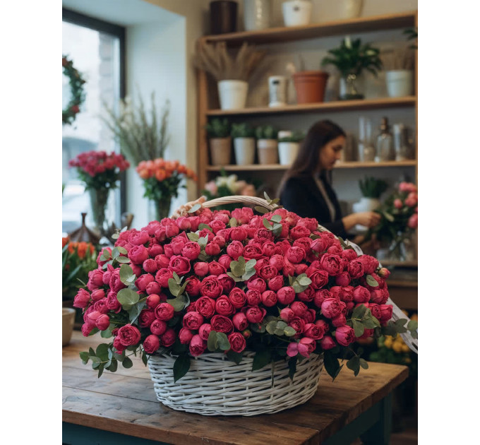 101 малинова кущова півоноподібна троянда у кошику